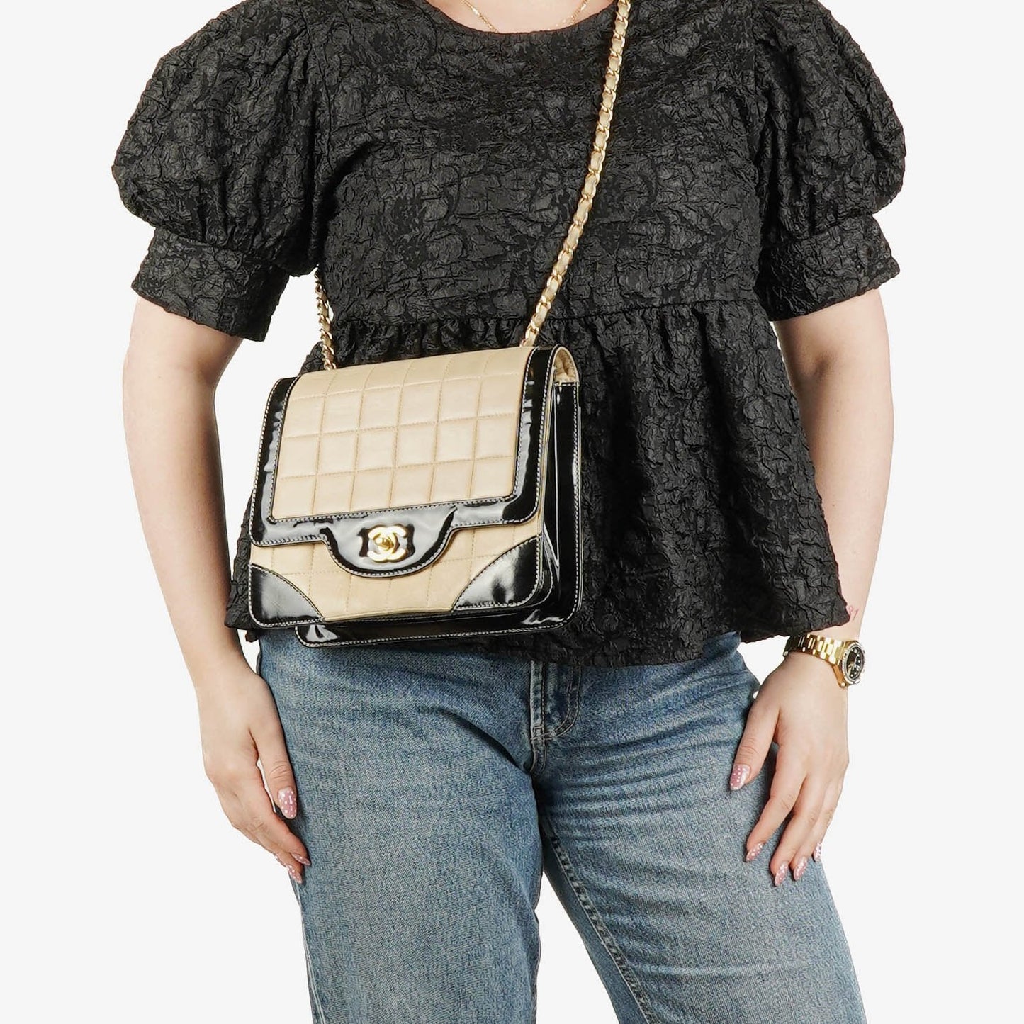 Chanel Chocolate Bar Single Flap Tasche aus Lammleder und Lackleder