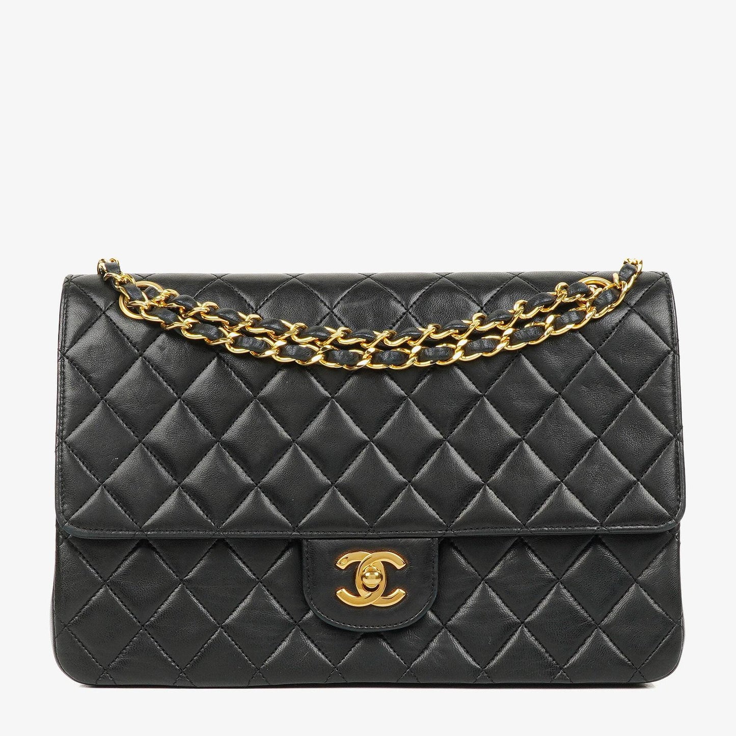 Chanel Classic Double Flap Tasche aus schwarzem gestepptem Lammleder mit 24K vergoldeter Hardware