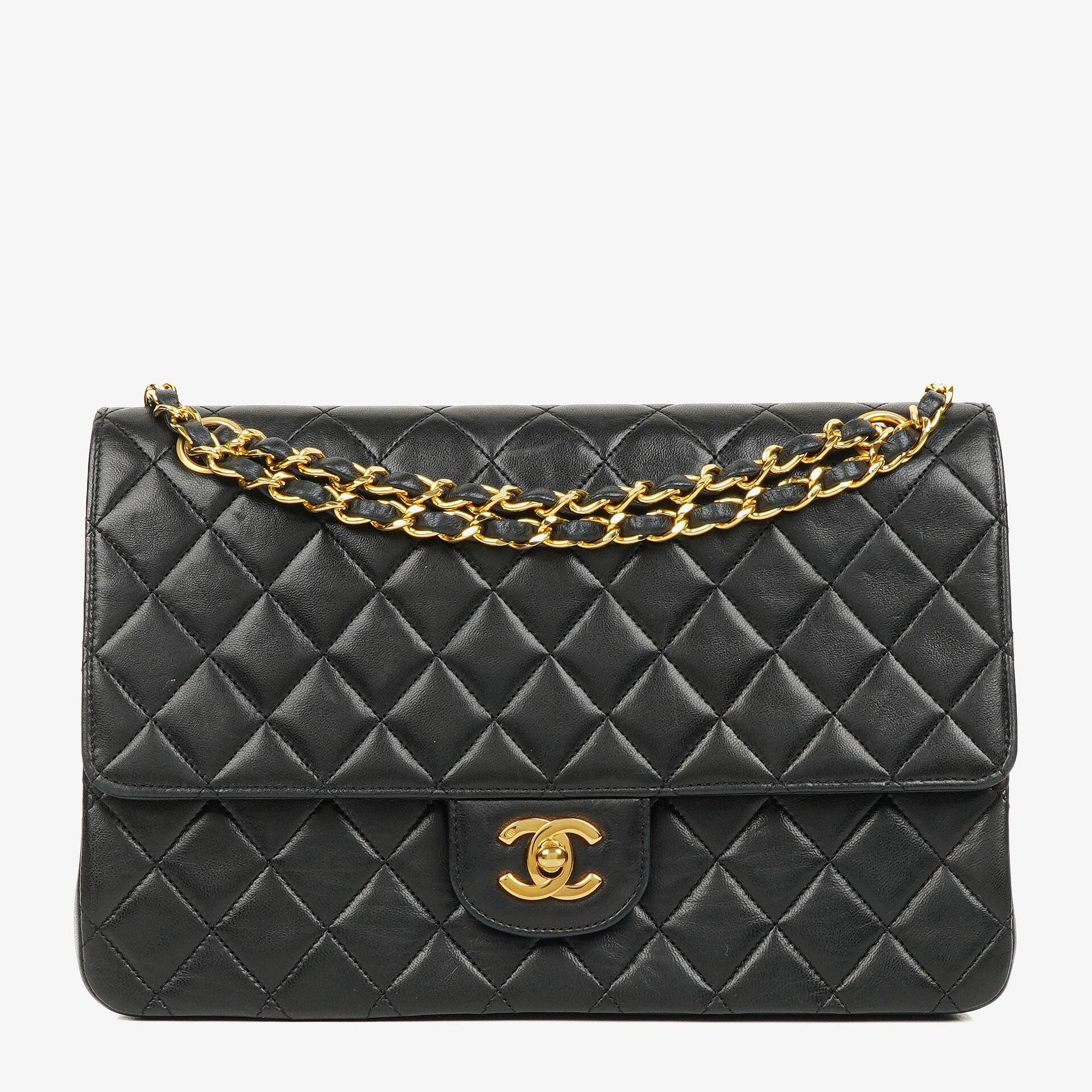 Chanel Classic Double Flap Tasche aus schwarzem gestepptem Lammleder mit 24K vergoldeter Hardware