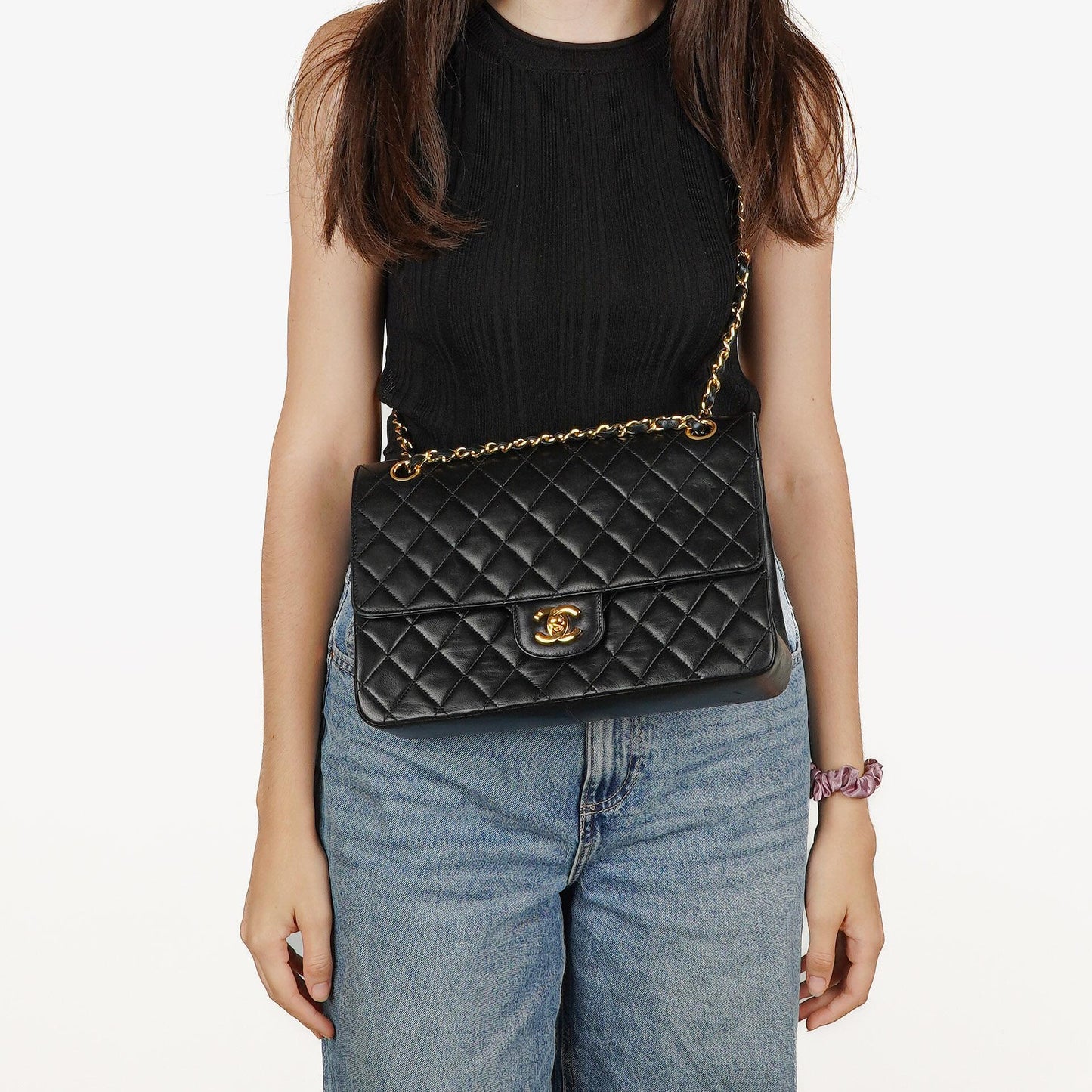 Chanel Classic Double Flap Tasche aus schwarzem gestepptem Lammleder mit 24K vergoldeter Hardware