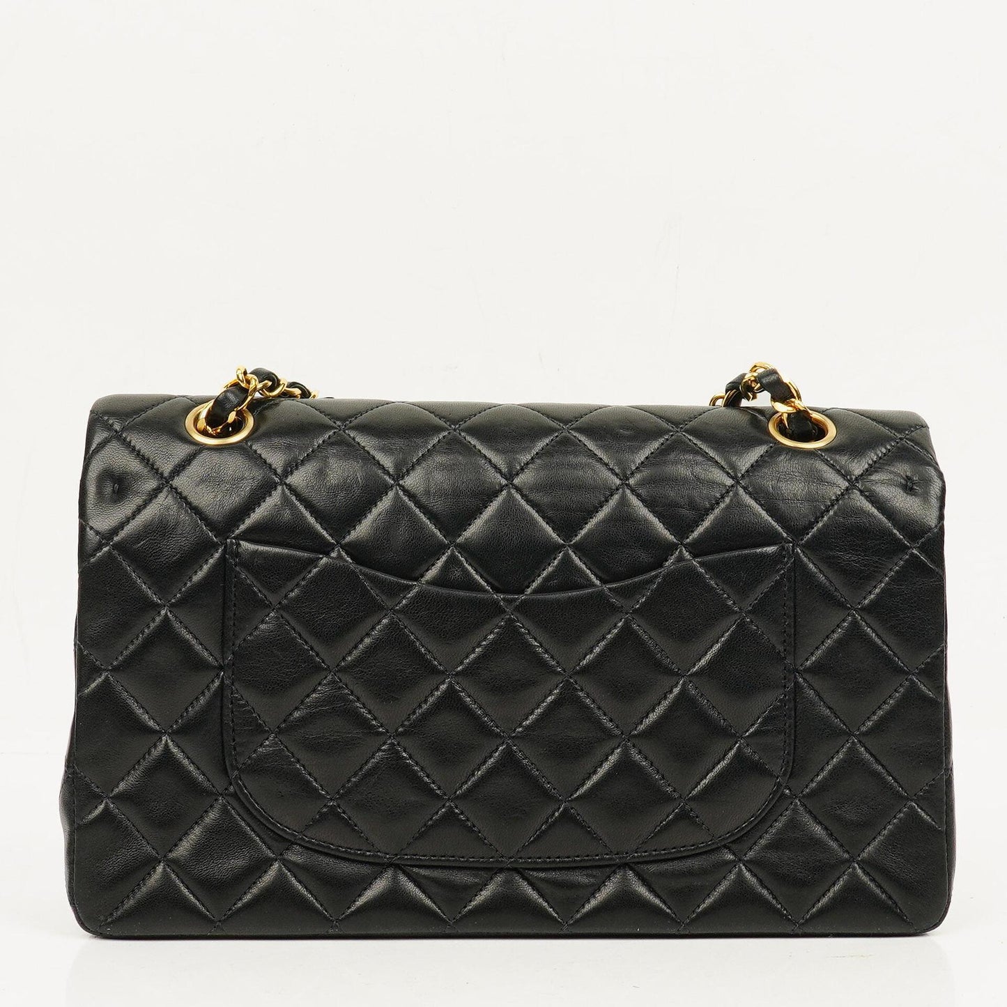 CHANEL Classic Double Flap Tasche aus schwarzem gestepptem Lammleder mit 24K vergoldeter Hardware