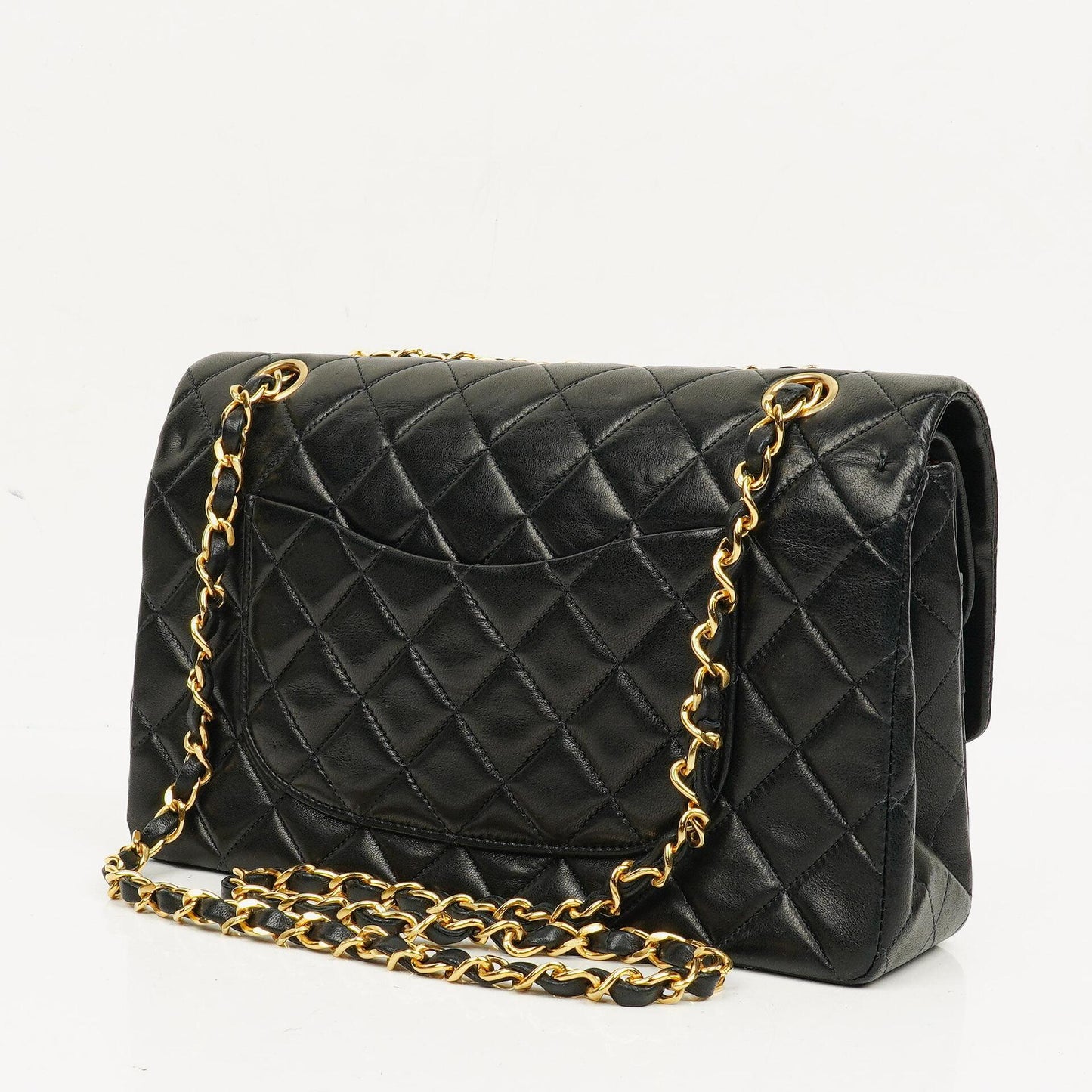 CHANEL Classic Double Flap Tasche aus schwarzem gestepptem Lammleder mit 24K vergoldeter Hardware