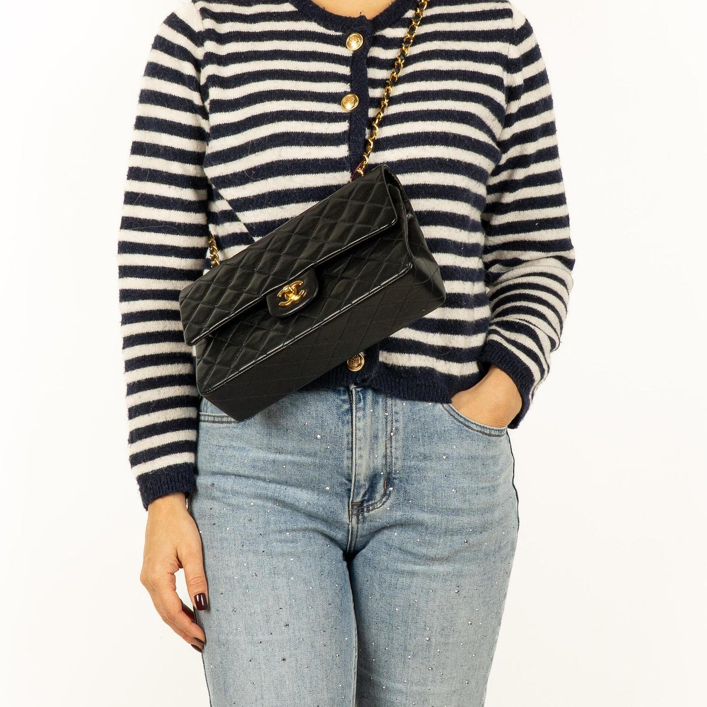 CHANEL Classic Double Flap Tasche aus schwarzem gestepptem Lammleder mit 24K vergoldeter Hardware