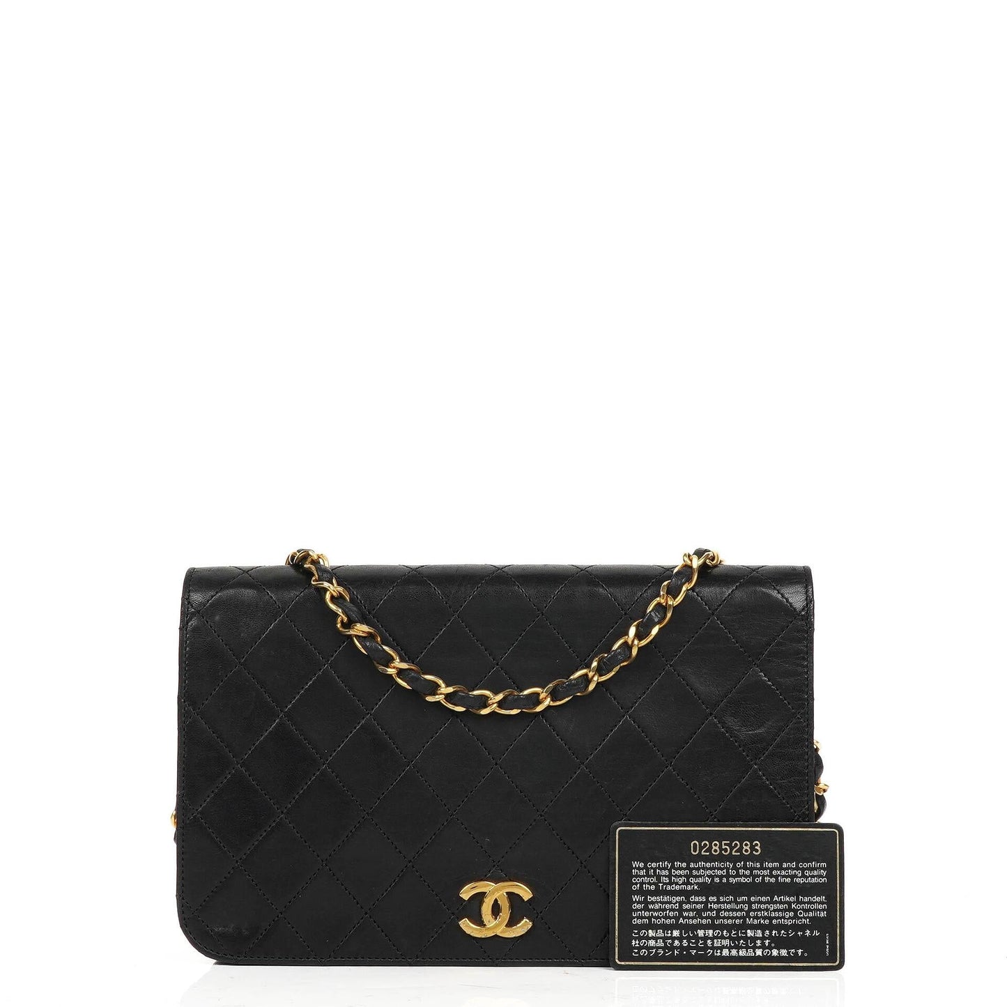 Chanel Classic Full Flap Bag aus schwarzem gestepptem Lammleder mit 24K goldplattierten Beschlägen