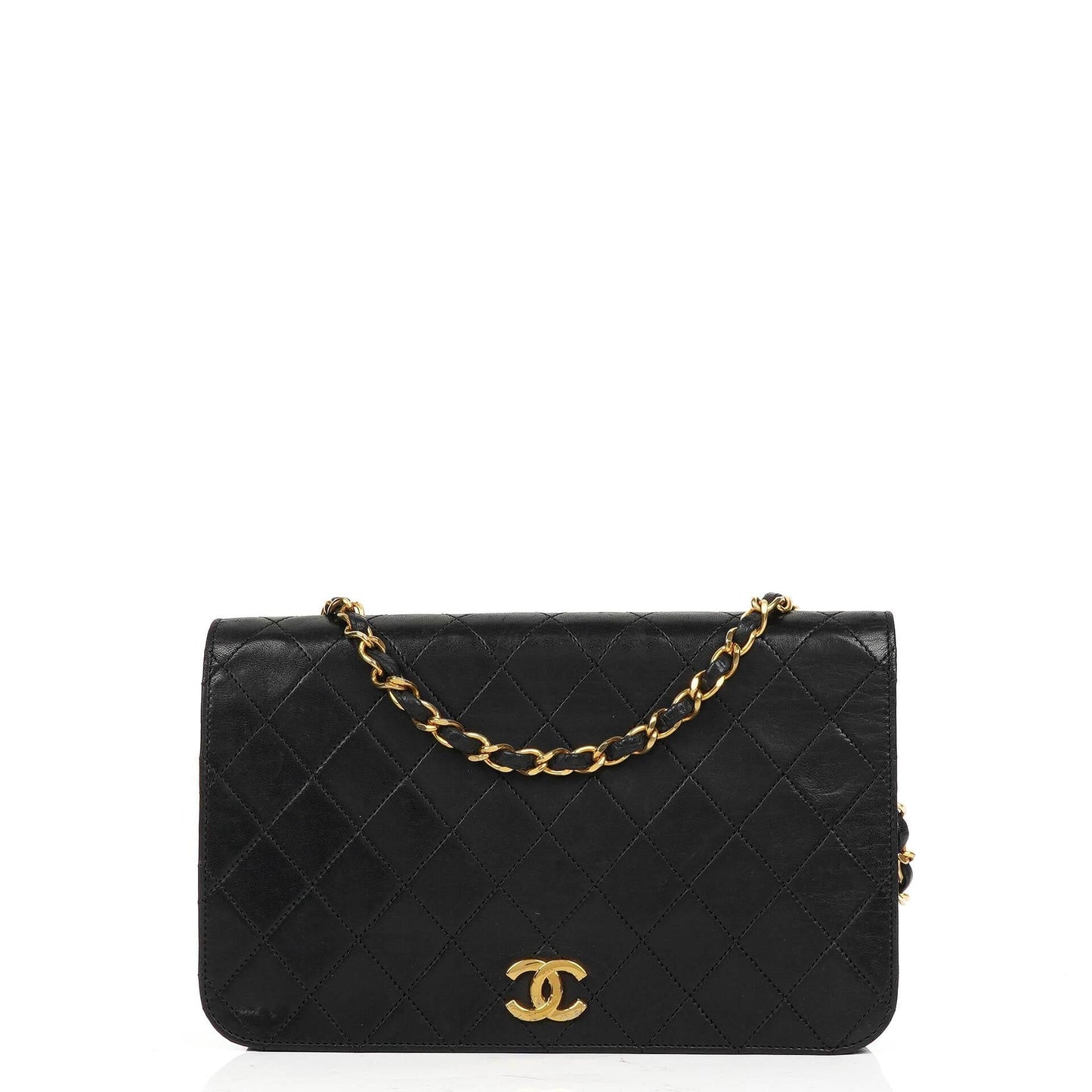 Chanel Classic Full Flap Bag aus schwarzem gestepptem Lammleder mit 24K goldplattierten Beschlägen