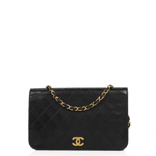 Chanel Classic Full Flap Bag aus schwarzem gestepptem Lammleder mit 24K goldplattierten Beschlägen