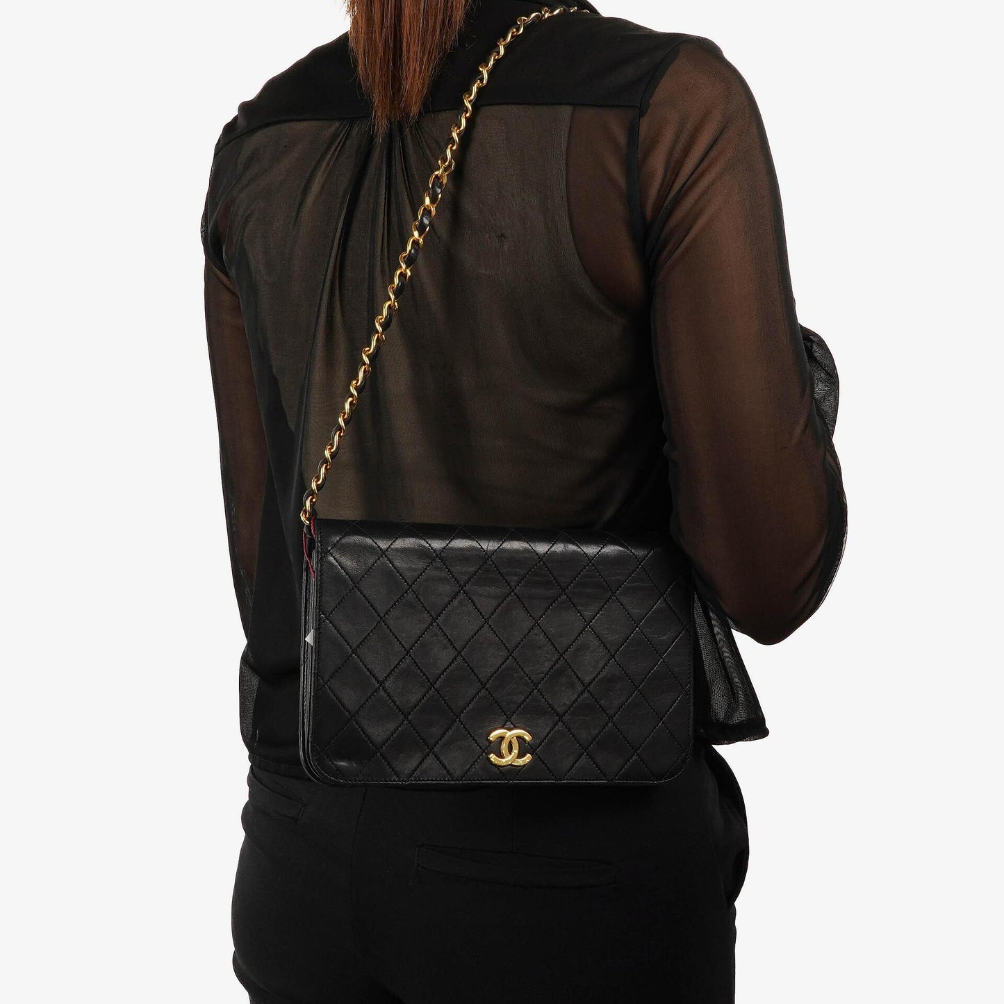 Chanel Classic Full Flap Bag aus schwarzem gestepptem Lammleder mit 24K goldplattierten Beschlägen