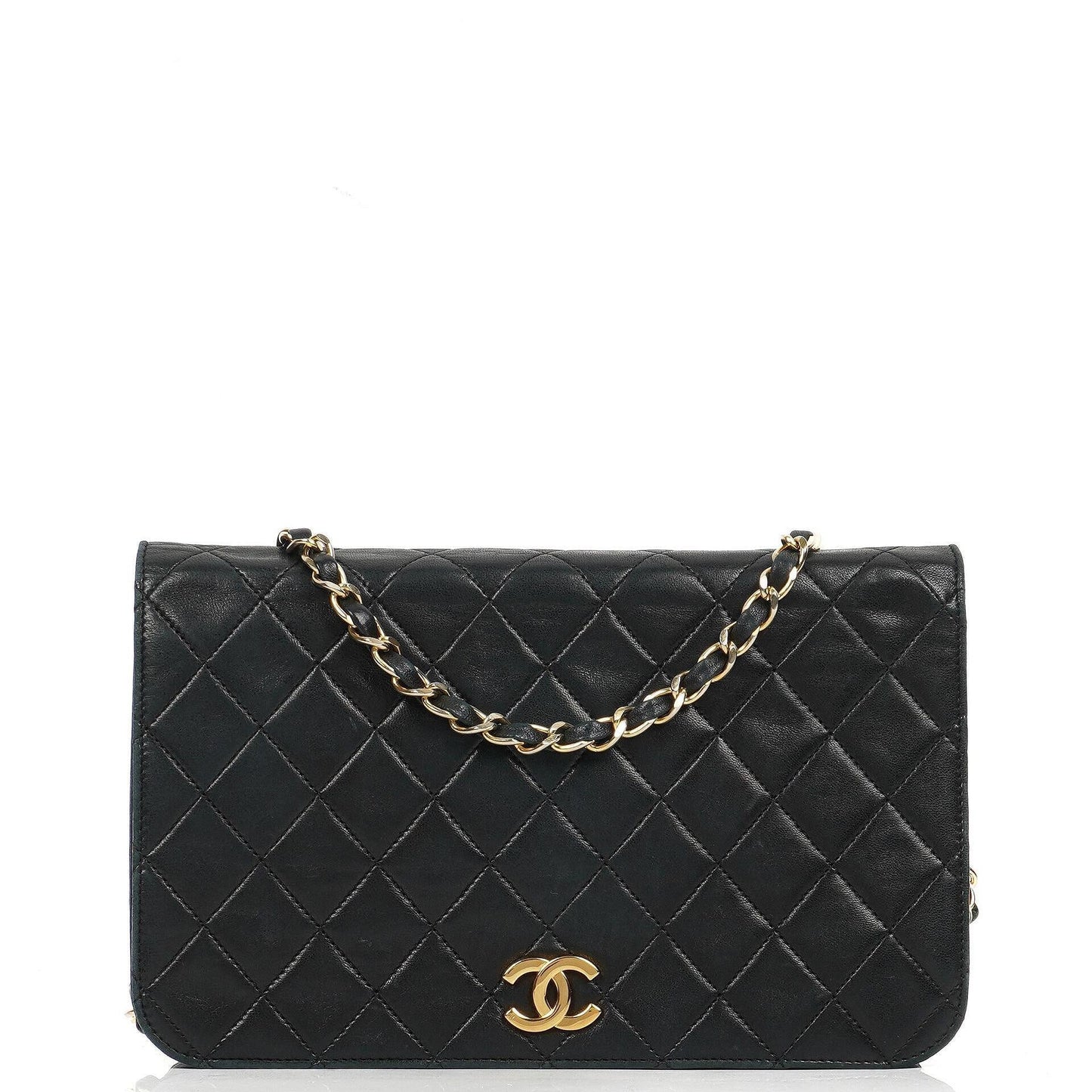 Chanel Classic Full Flap Tasche aus schwarzem gestepptem Lammleder mit 24K goldplattierten Beschlägen