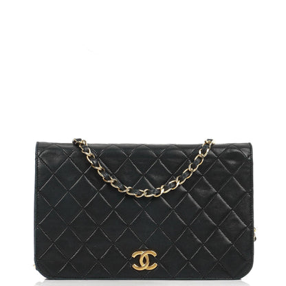Chanel Classic Full Flap Tasche aus schwarzem gestepptem Lammleder mit 24K goldplattierten Beschlägen