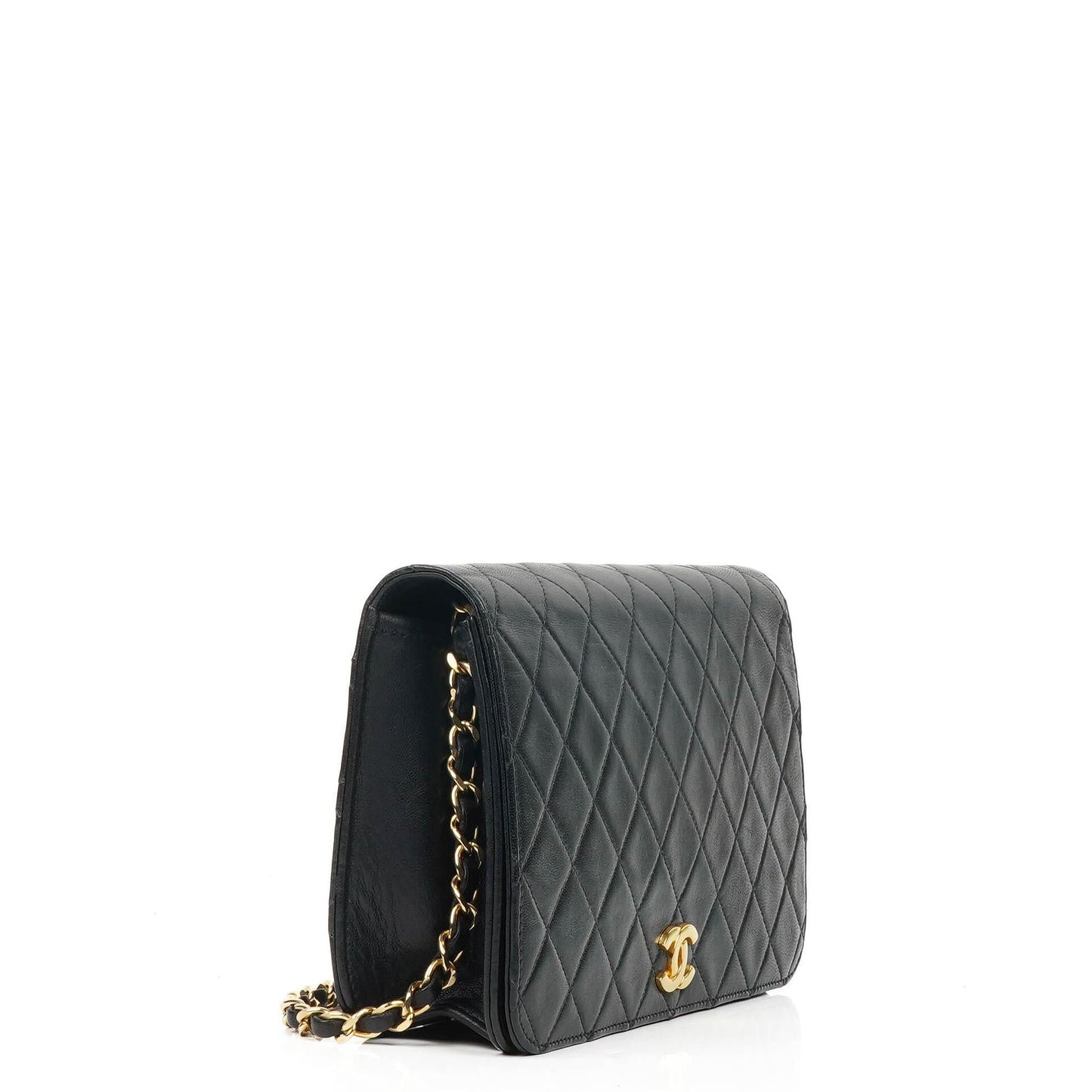 Chanel Classic Flap Bag aus schwarzem gestepptem Lammleder mit goldfarbener Hardware