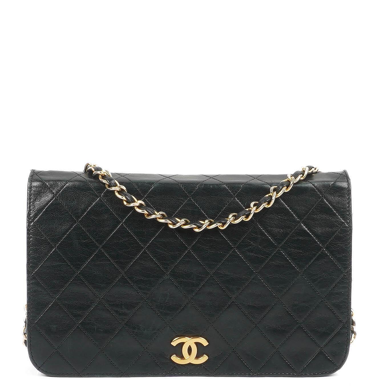 Chanel Classic Full Flap Tasche aus schwarzem gestepptem Lammleder mit 24K vergoldeten Beschlägen