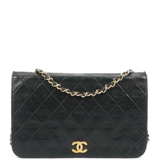 Chanel Classic Full Flap Tasche aus schwarzem gestepptem Lammleder mit 24K vergoldeten Beschlägen