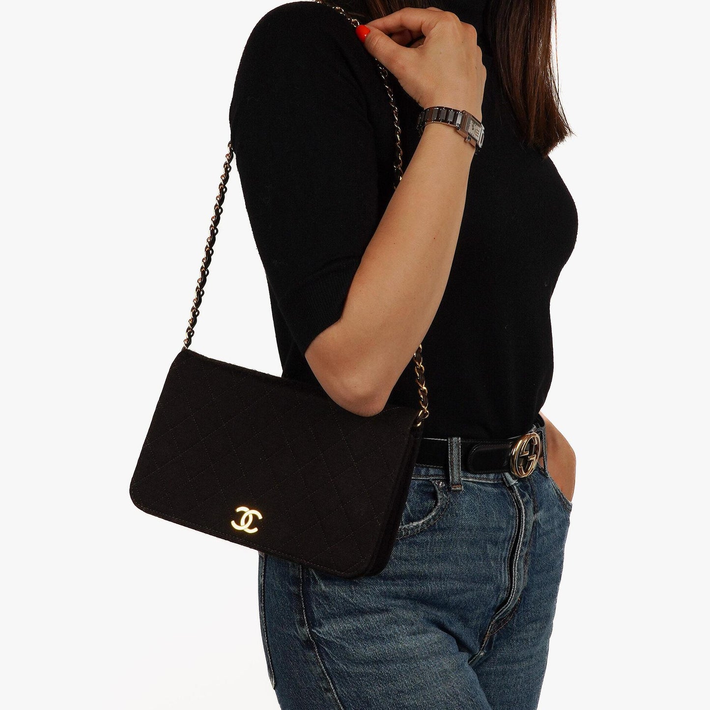 Chanel Classic Braune gesteppte Jersey Full Flap Tasche mit 24K Goldplattierten Beschlägen