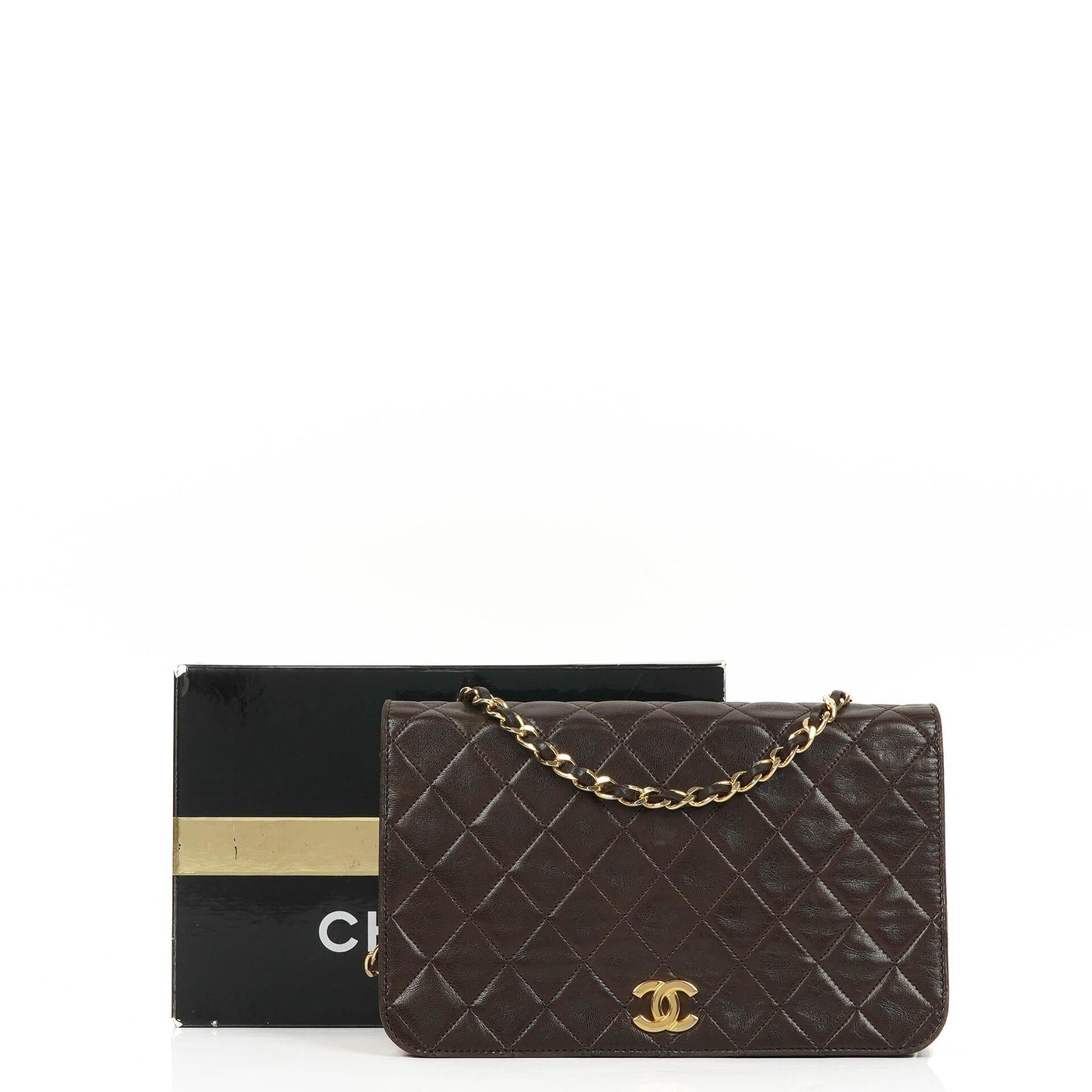 Chanel Classic Braune gesteppte Lammleder Full Flap Tasche mit Goldfarbenen Beschlägen