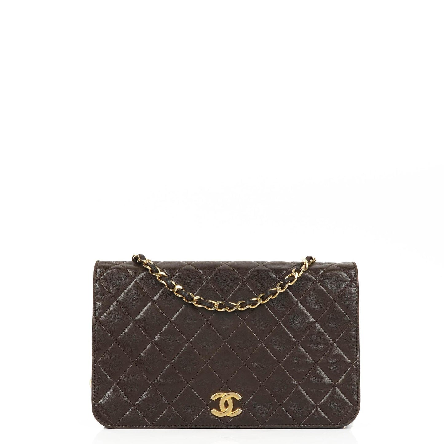 Chanel Classic Braune gesteppte Lammleder Full Flap Tasche mit Goldfarbenen Beschlägen