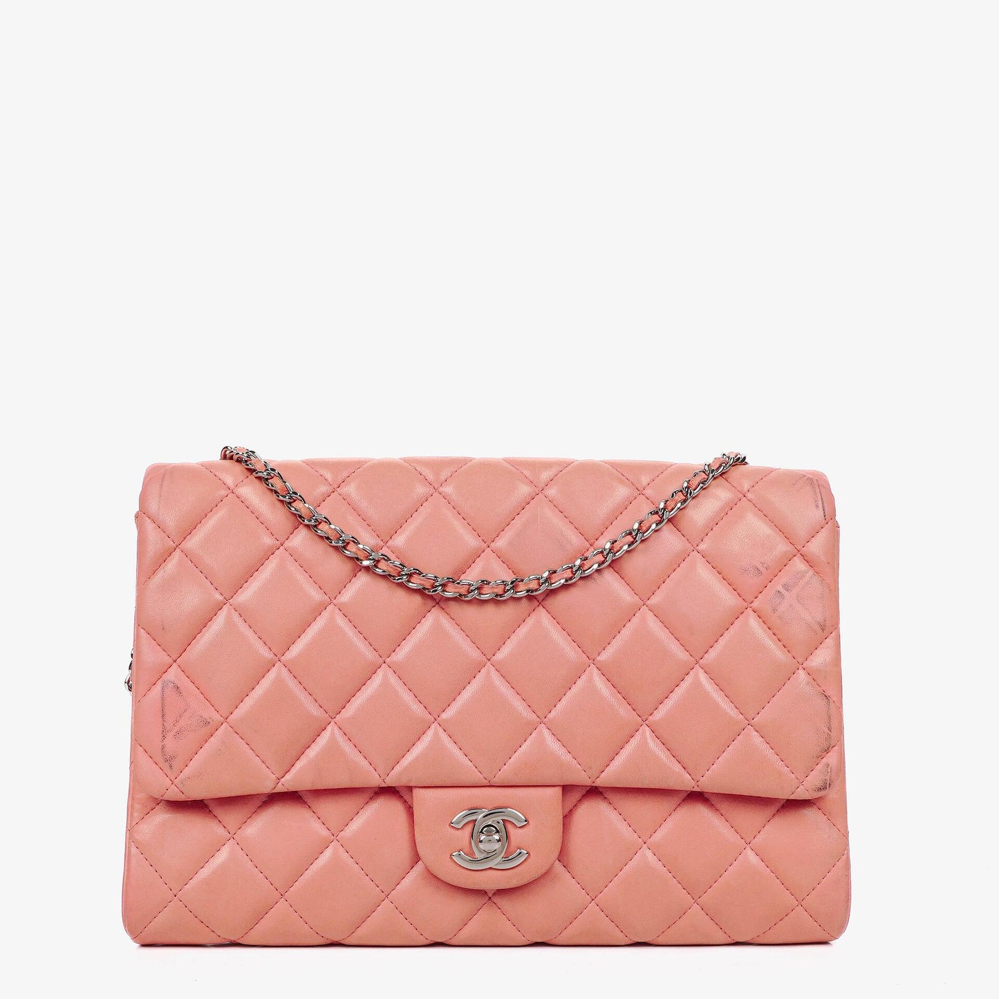 Chanel Classic Flap Clutch mit Kette aus gestepptem Leder und silberfarbener Hardware