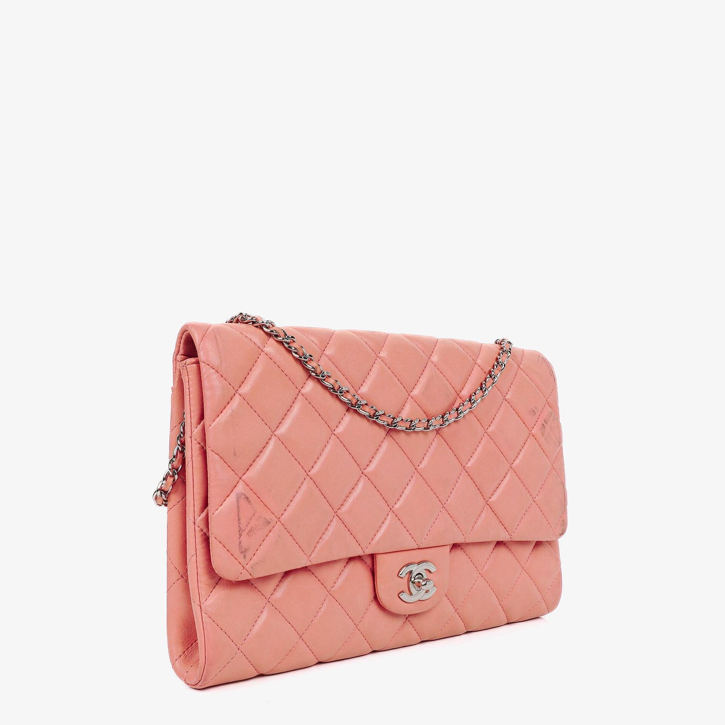 Chanel Classic Flap Clutch mit Kette aus gestepptem Leder und silberfarbener Hardware