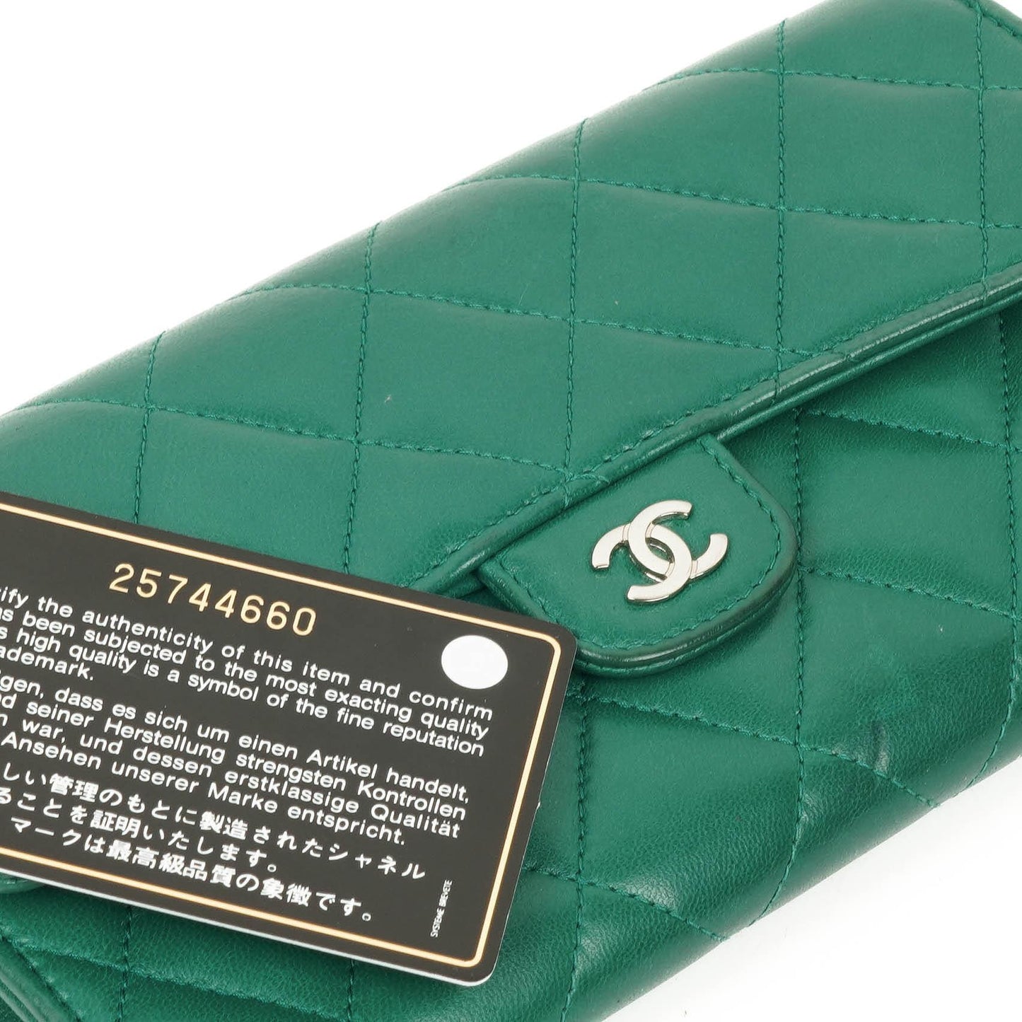 Chanel Classic Flap Lange Geldbörse, Grün gestepptes Leder