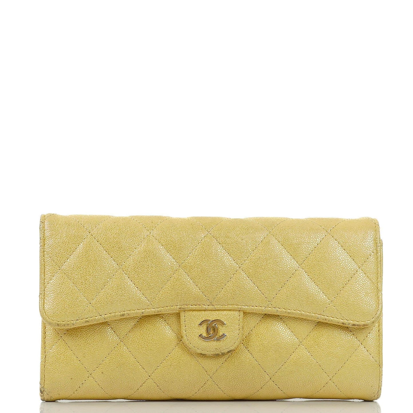 Chanel Classic Flap Geldbörse Petite Maroquinerie aus metallic-gelbem gestepptem Caviar-Leder