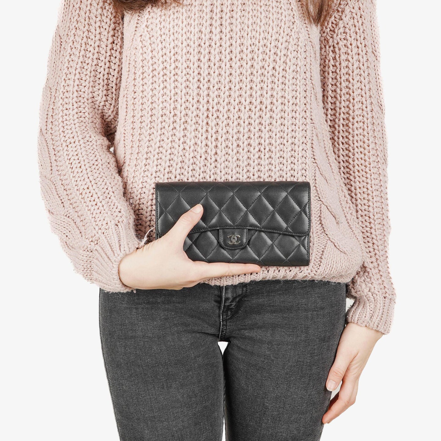 Chanel Classic Flap Geldbörse Schwarz Lammleder Steppung