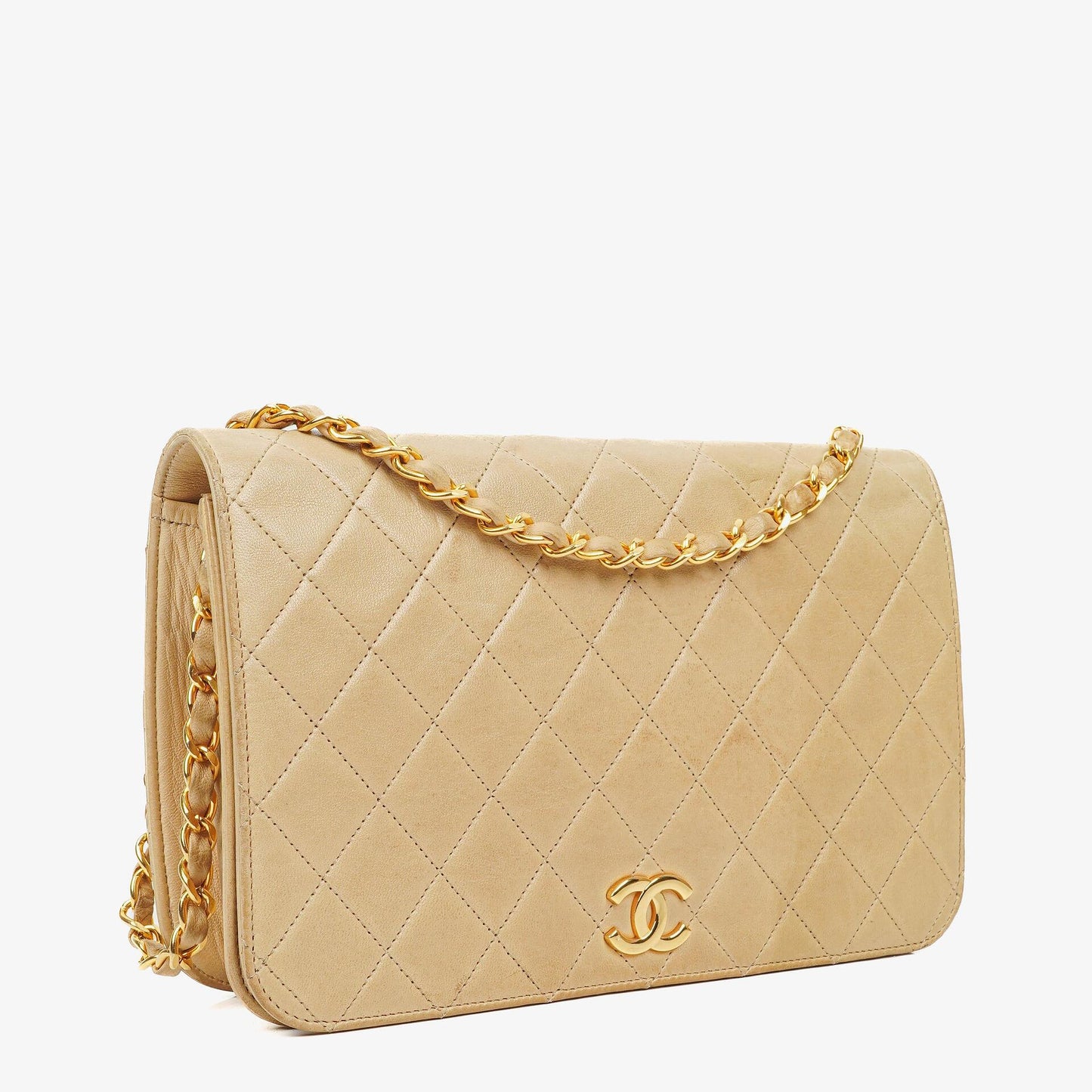 Chanel Classic Full Flap Tasche aus beigem gestepptem Lammleder mit 24K vergoldeter Hardware