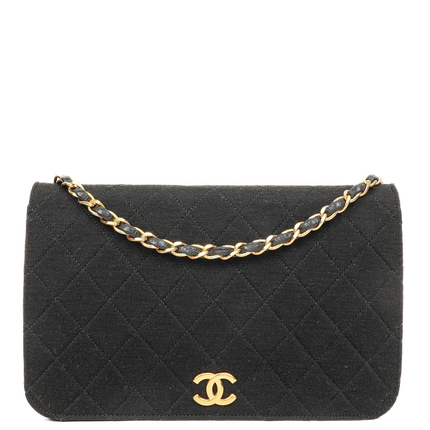 Chanel Classic Full Flap Tasche aus schwarzem gestepptem Jersey und Leder mit 24K vergoldeten Beschlägen, 1986-1988