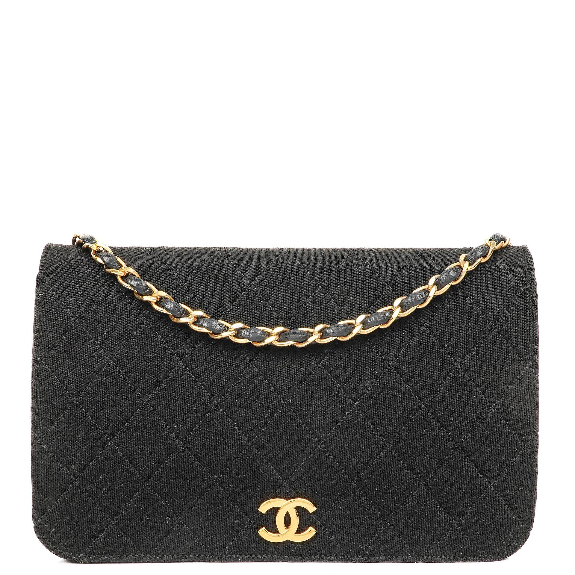 Chanel Classic Full Flap Tasche aus schwarzem gestepptem Jersey und Leder mit 24K vergoldeten Beschlägen, 1986-1988