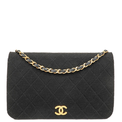 Chanel Classic Full Flap Tasche aus schwarzem gestepptem Jersey und Leder mit 24K vergoldeten Beschlägen, 1986-1988