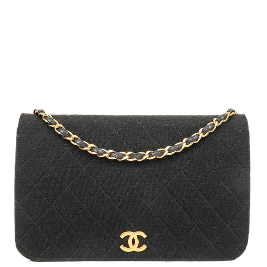 Chanel Classic Full Flap Tasche aus schwarzem gestepptem Jersey und Leder mit 24K vergoldeten Beschlägen, 1986-1988