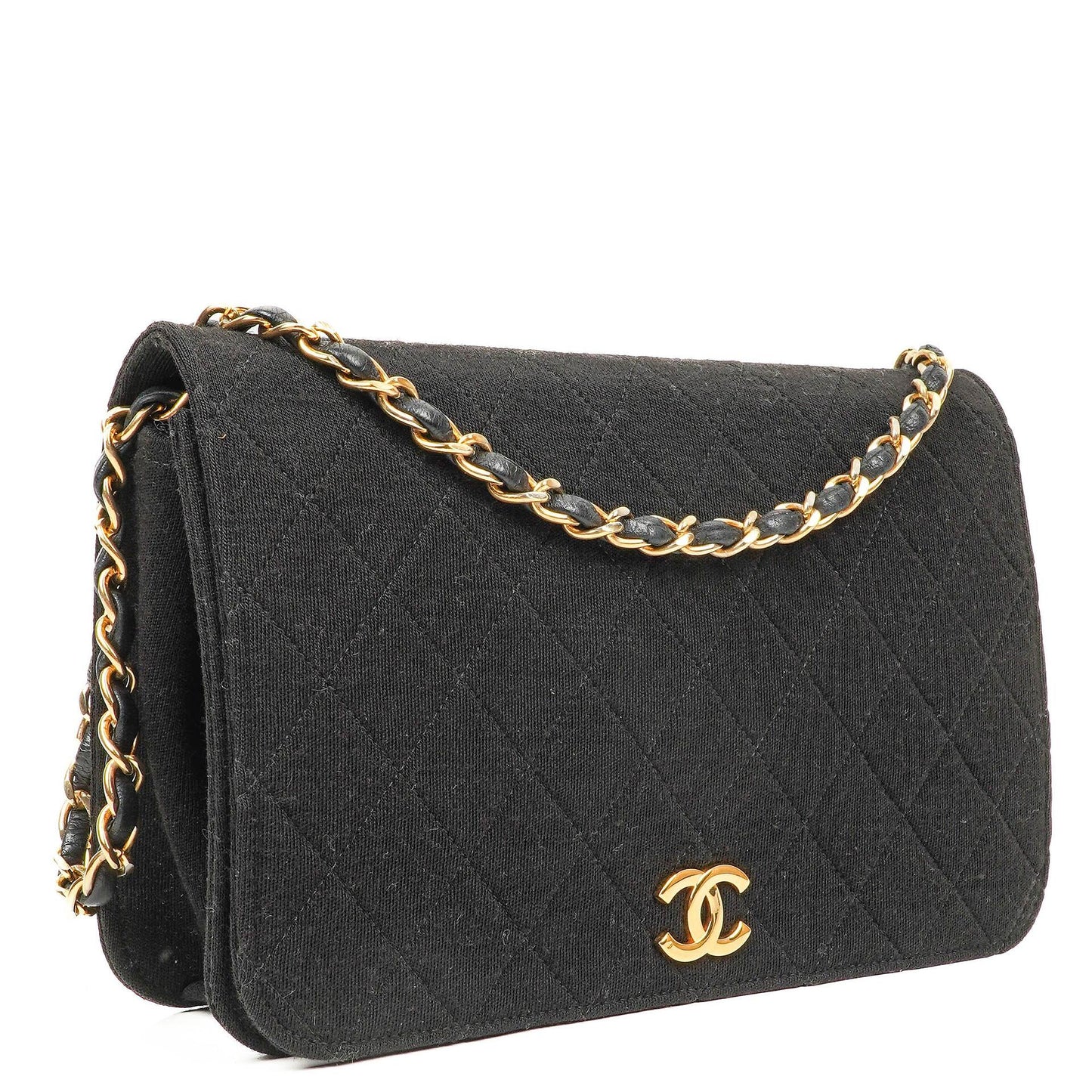 Chanel Classic Full Flap Tasche aus schwarzem gestepptem Jersey und Leder mit 24K vergoldeten Beschlägen, 1986-1988