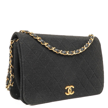 Chanel Classic Full Flap Tasche aus schwarzem gestepptem Jersey und Leder mit 24K vergoldeten Beschlägen, 1986-1988