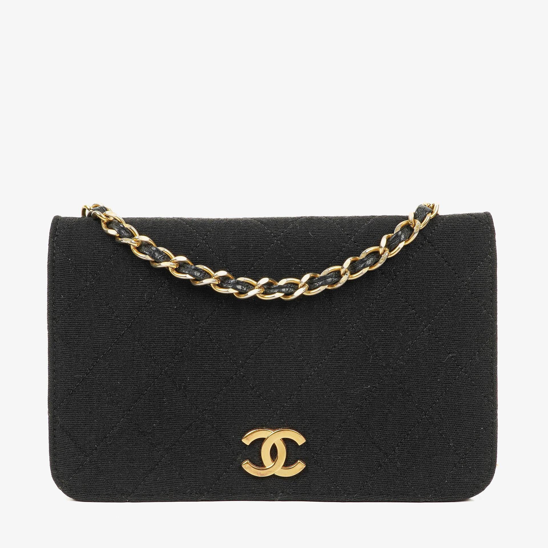 Chanel Klassische Full Flap Tasche Schwarz Gepolsterter Jersey und Leder 24K Vergoldete Beschläge
