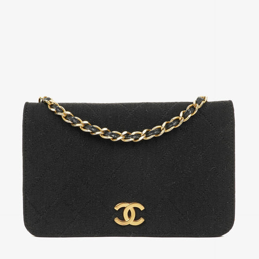Chanel Klassische Full Flap Tasche Schwarz Gepolsterter Jersey und Leder 24K Vergoldete Beschläge
