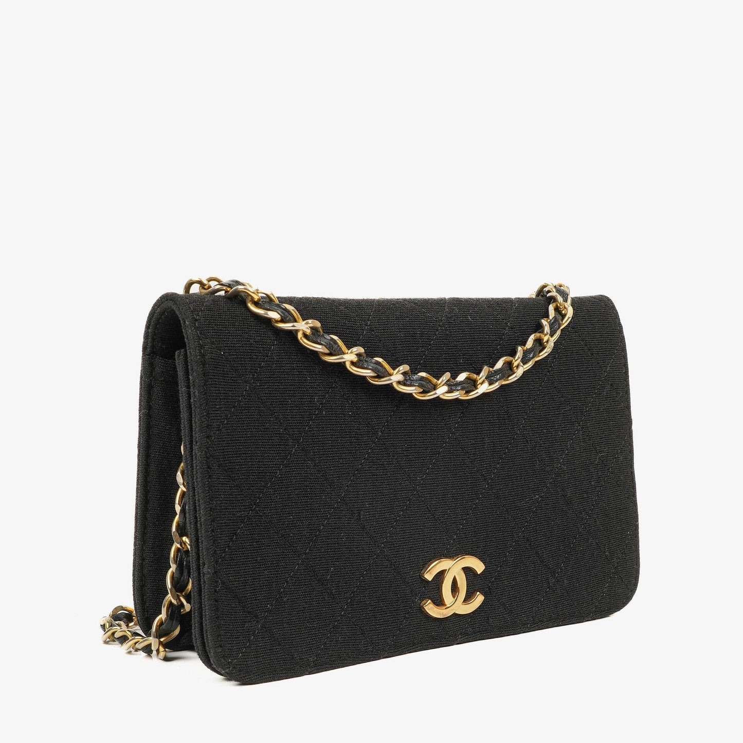 Chanel Klassische Full Flap Tasche Schwarz Gepolsterter Jersey und Leder 24K Vergoldete Beschläge