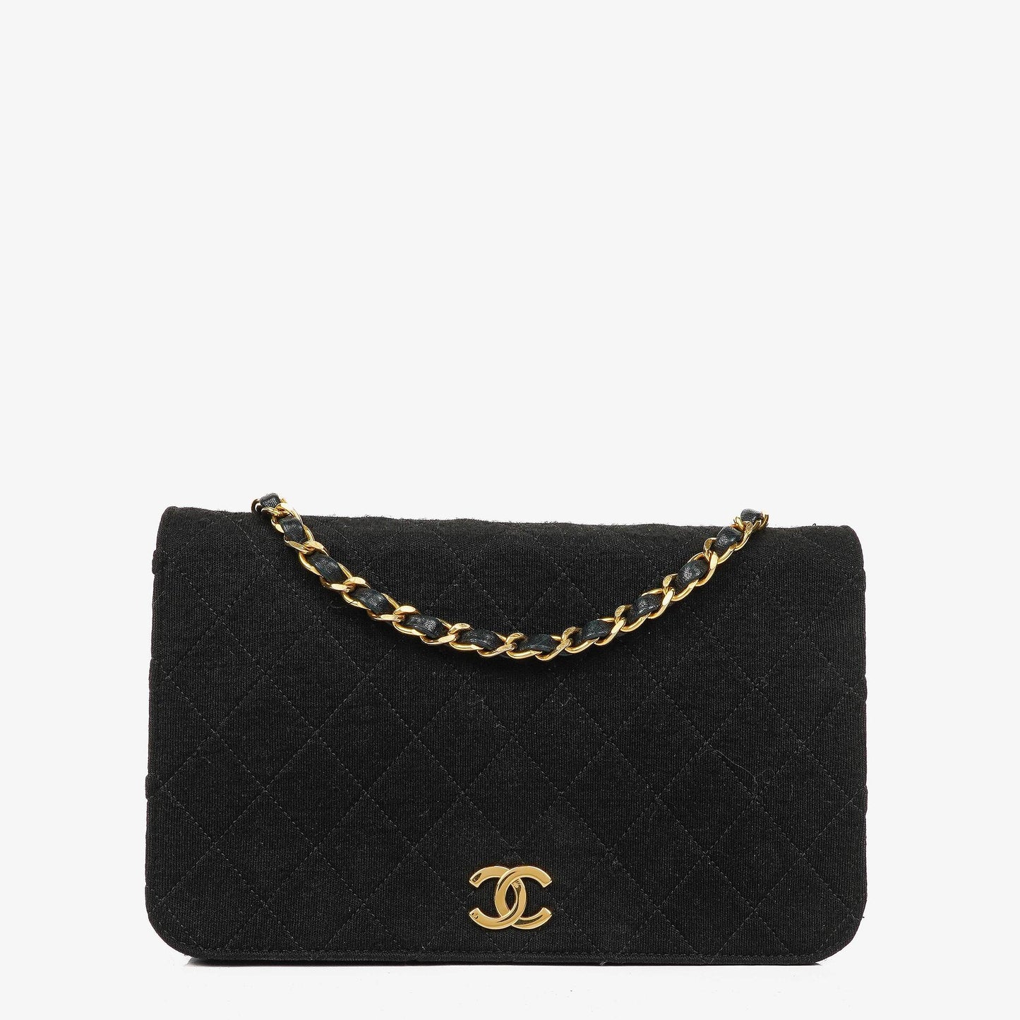 Chanel Classic Full Flap Tasche aus schwarzem gestepptem Jersey und Leder mit 24K vergoldeten Beschlägen
