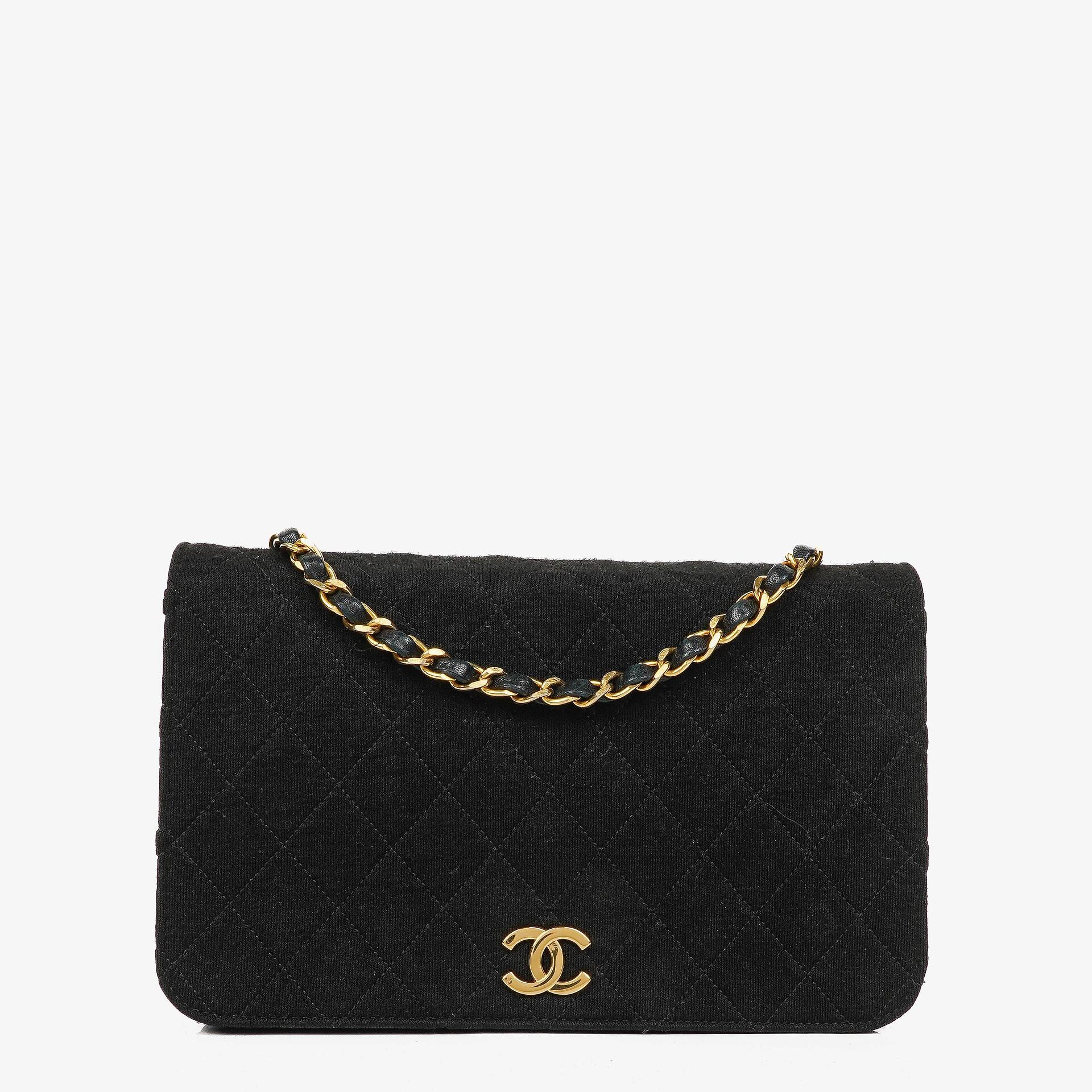 Chanel Classic Full Flap Tasche aus schwarzem gestepptem Jersey und Leder mit 24K vergoldeten Beschlägen
