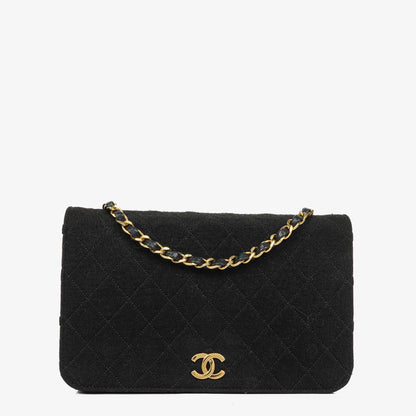 Chanel Classic Full Flap Tasche aus schwarzem gestepptem Jersey und Leder mit 24K vergoldeten Beschlägen