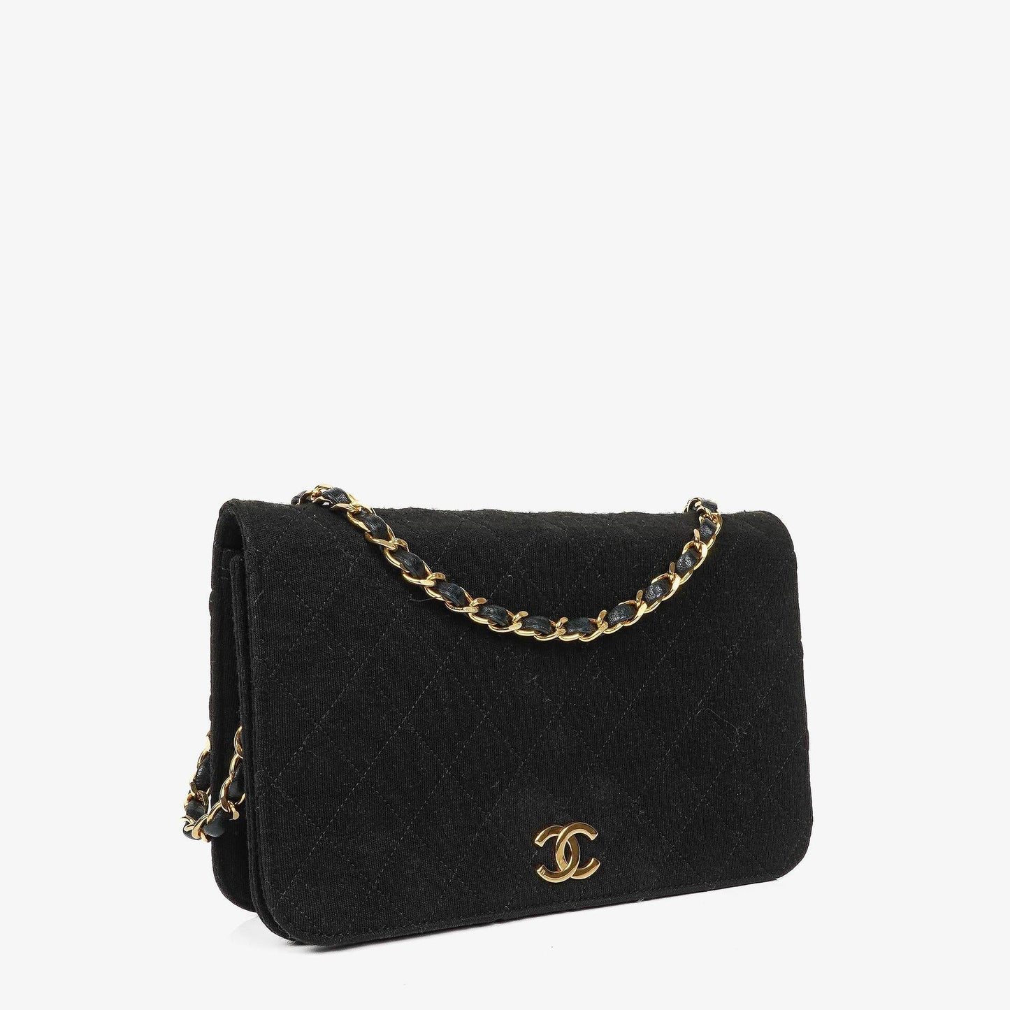 Chanel Classic Full Flap Tasche aus schwarzem gestepptem Jersey und Leder mit 24K vergoldeten Beschlägen