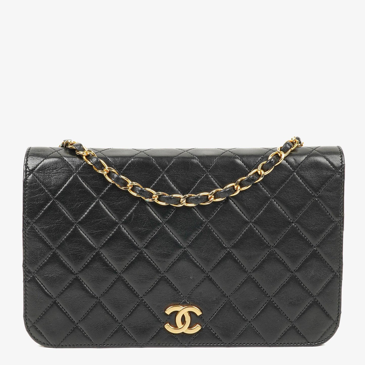 Chanel Classic Full Flap Tasche aus schwarzem gestepptem Lammleder mit 24K vergoldeter Hardware
