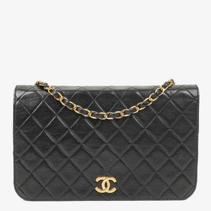 Chanel Classic Full Flap Tasche aus schwarzem gestepptem Lammleder mit 24K vergoldeter Hardware