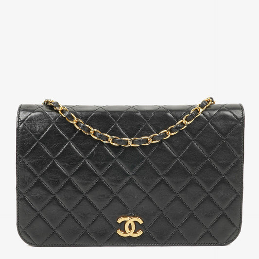 Chanel Classic Full Flap Tasche aus schwarzem gestepptem Lammleder mit 24K vergoldeter Hardware