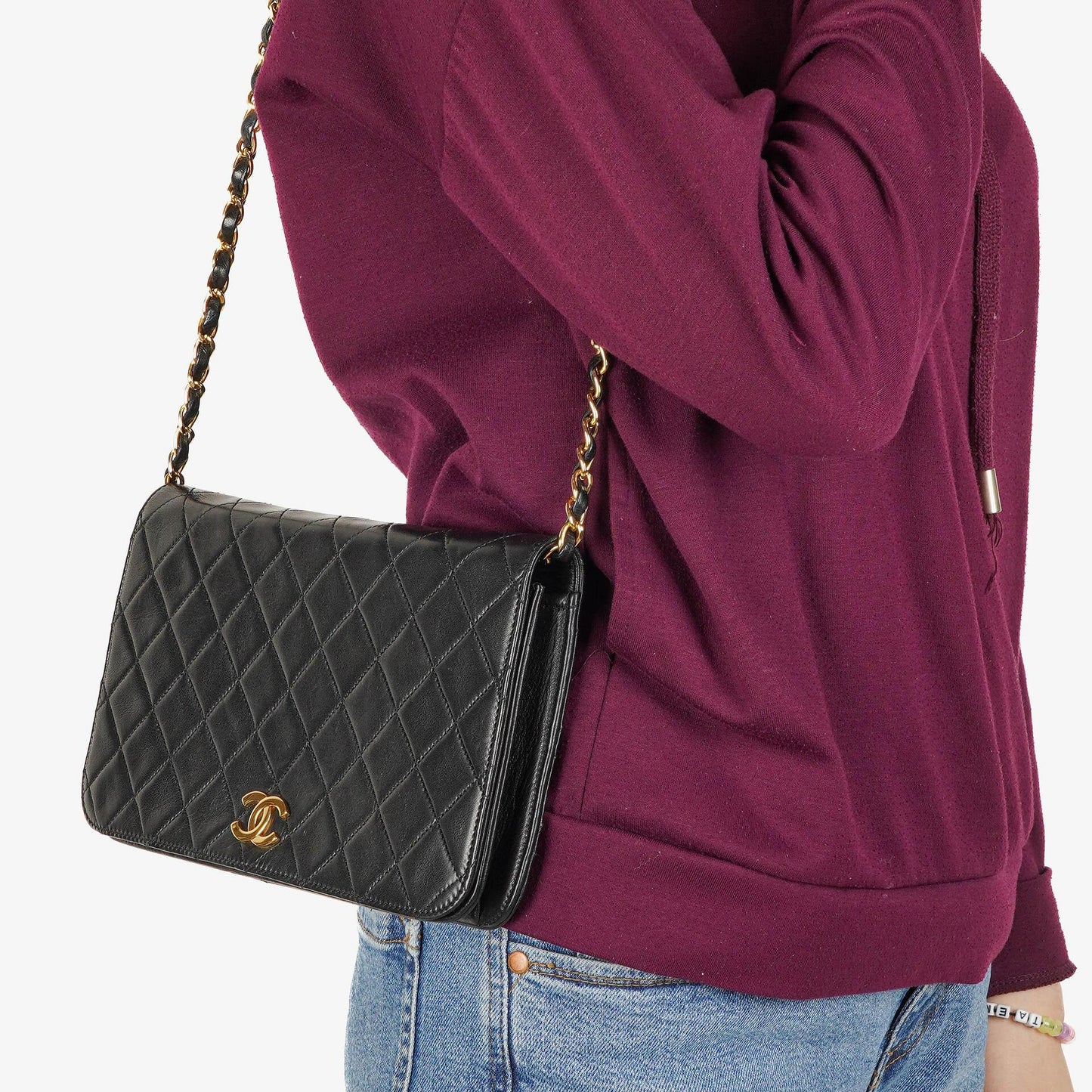 Chanel Classic Full Flap Tasche aus schwarzem gestepptem Lammleder mit 24K vergoldeter Hardware