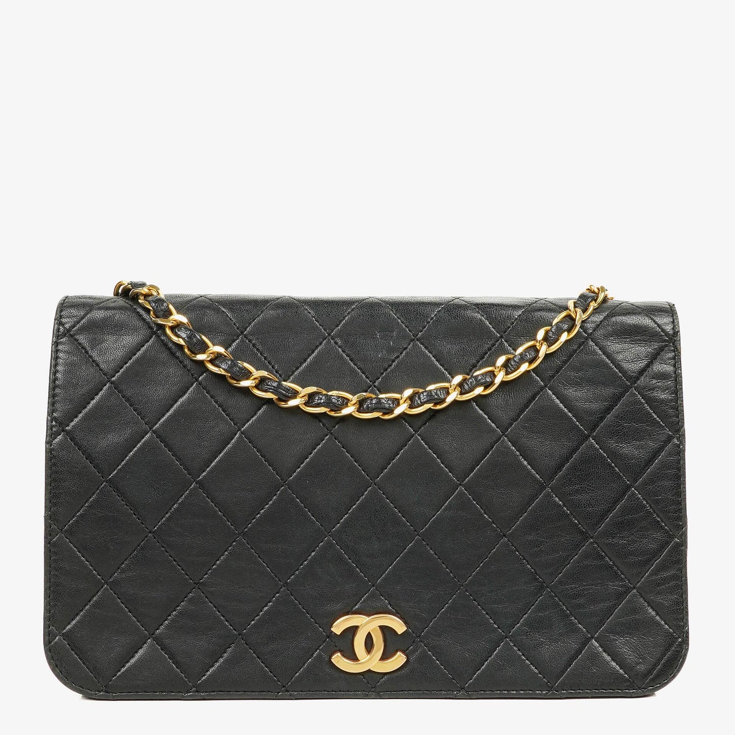 Chanel Classic Full Flap Tasche aus schwarzem gestepptem Lammleder mit 24K vergoldeter Hardware