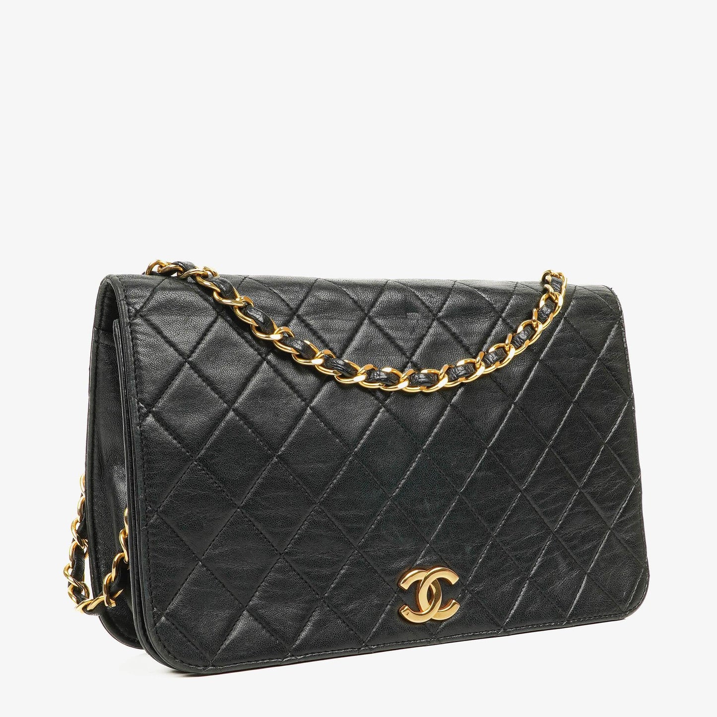 Chanel Classic Full Flap Tasche aus schwarzem gestepptem Lammleder mit 24K vergoldeter Hardware