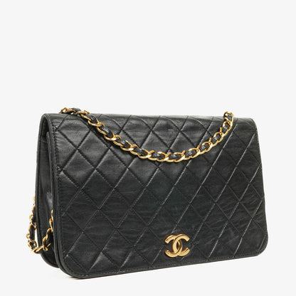 Chanel Classic Full Flap Tasche aus schwarzem gestepptem Lammleder mit 24K vergoldeter Hardware