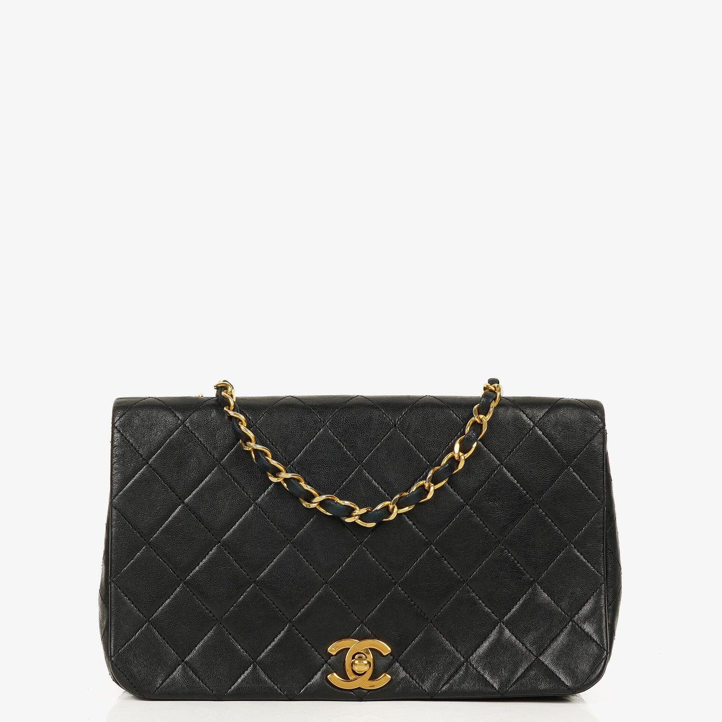 Chanel Classic Full Flap Tasche aus schwarzem gestepptem Lammleder mit 24K vergoldeten Beschlägen