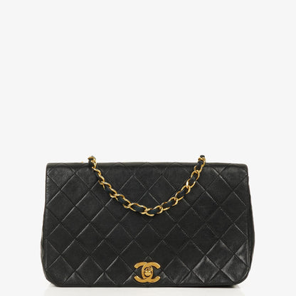 Chanel Classic Full Flap Tasche aus schwarzem gestepptem Lammleder mit 24K vergoldeten Beschlägen