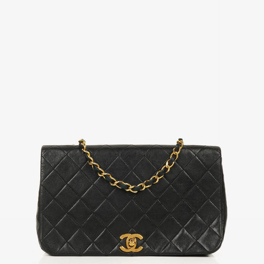 Chanel Classic Full Flap Tasche aus schwarzem gestepptem Lammleder mit 24K vergoldeten Beschlägen