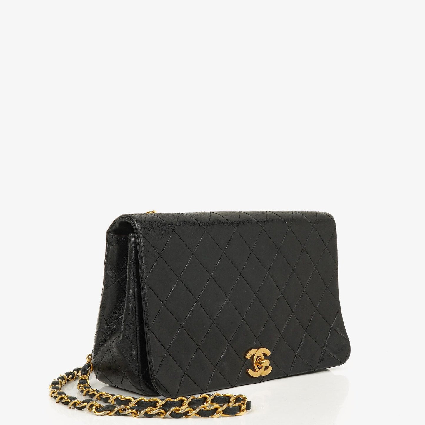 Chanel Classic Full Flap Tasche aus schwarzem gestepptem Lammleder mit 24K vergoldeten Beschlägen