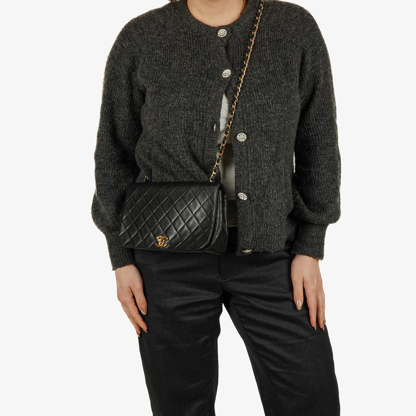 Chanel Classic Full Flap Tasche aus schwarzem gestepptem Lammleder mit 24K vergoldeten Beschlägen